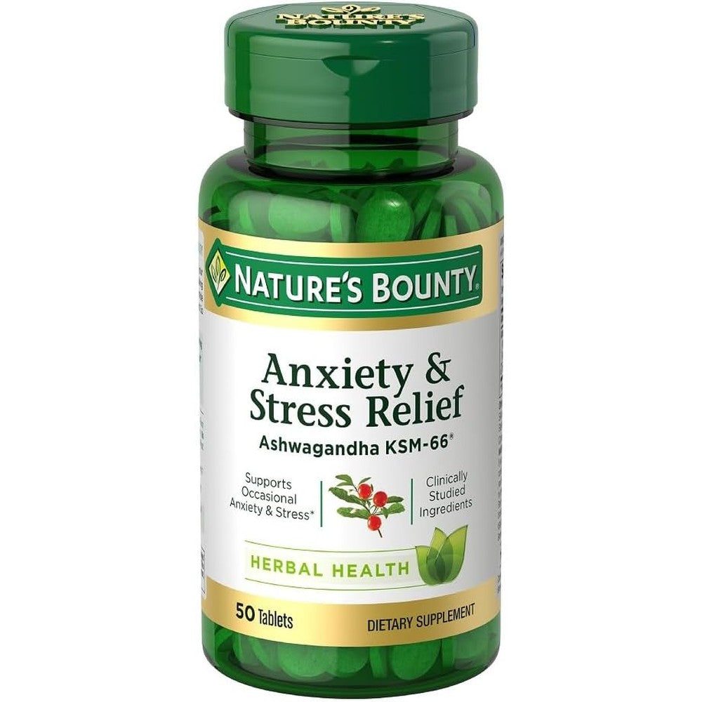Nature's Bounty Anxiety and Stress Relief Ashwagandha KSM 66 50 Tablets front bottle view