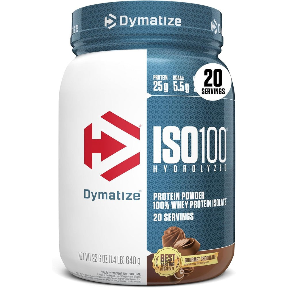Dymatize ISO100 Hydrolyzed Whey Protein Isolate Gourmet Chocolate front view showing packaging and protein details.