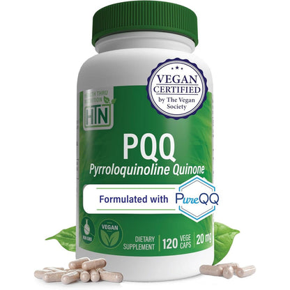 Health Thru Nutrition PQQ 20mg 120 vegetable capsules front view showing authentic imported packaging.