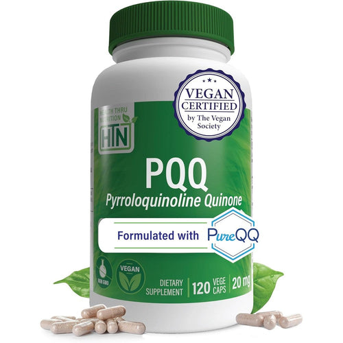 Health Thru Nutrition PQQ 20mg 120 vegetable capsules front view showing authentic imported packaging.