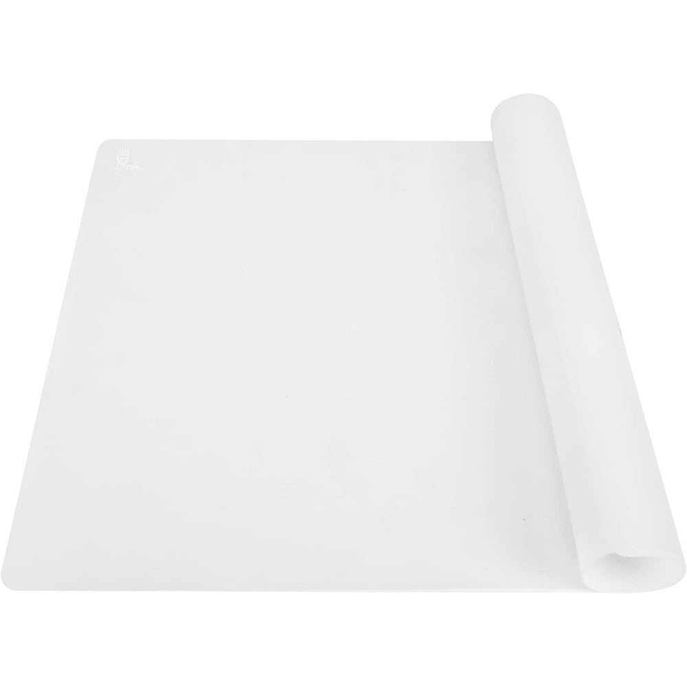 Folksy Super Kitchen thick silicone counter mat front view showcasing its translucent clear design on a kitchen counter.