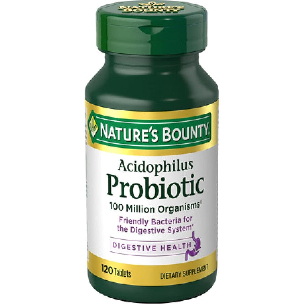 Nature's Bounty Lactobacillus Acidophilus Probiotic 120 Tablets front view showing packaging for daily digestive health.