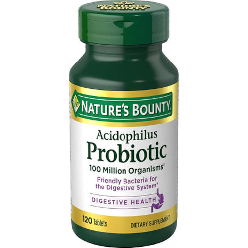 Nature's Bounty Lactobacillus Acidophilus Probiotic 120 Tablets front view showing packaging for daily digestive health.