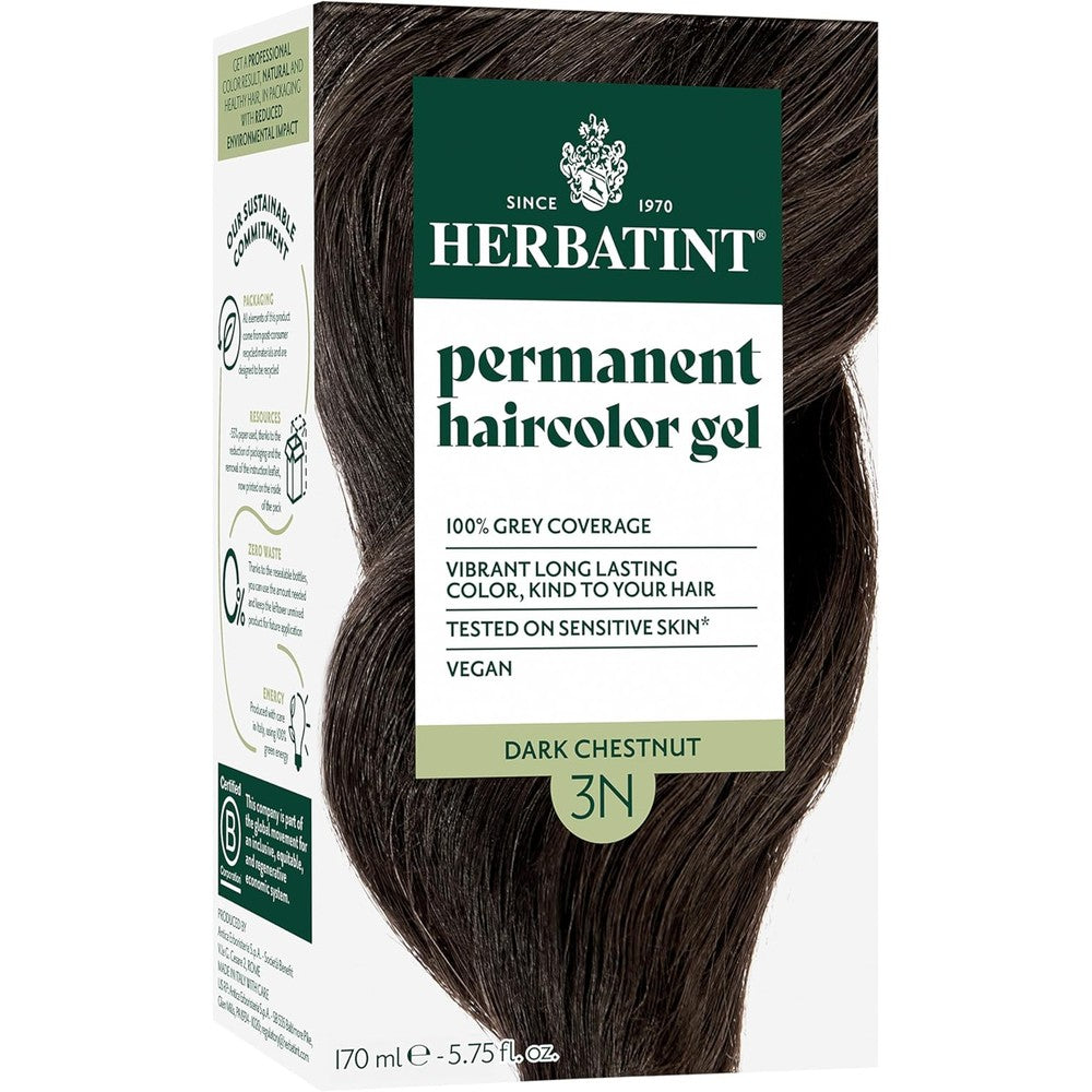Herbatint Permanent Haircolor Gel 3N Dark Chestnut front view package showcasing vegan certification.