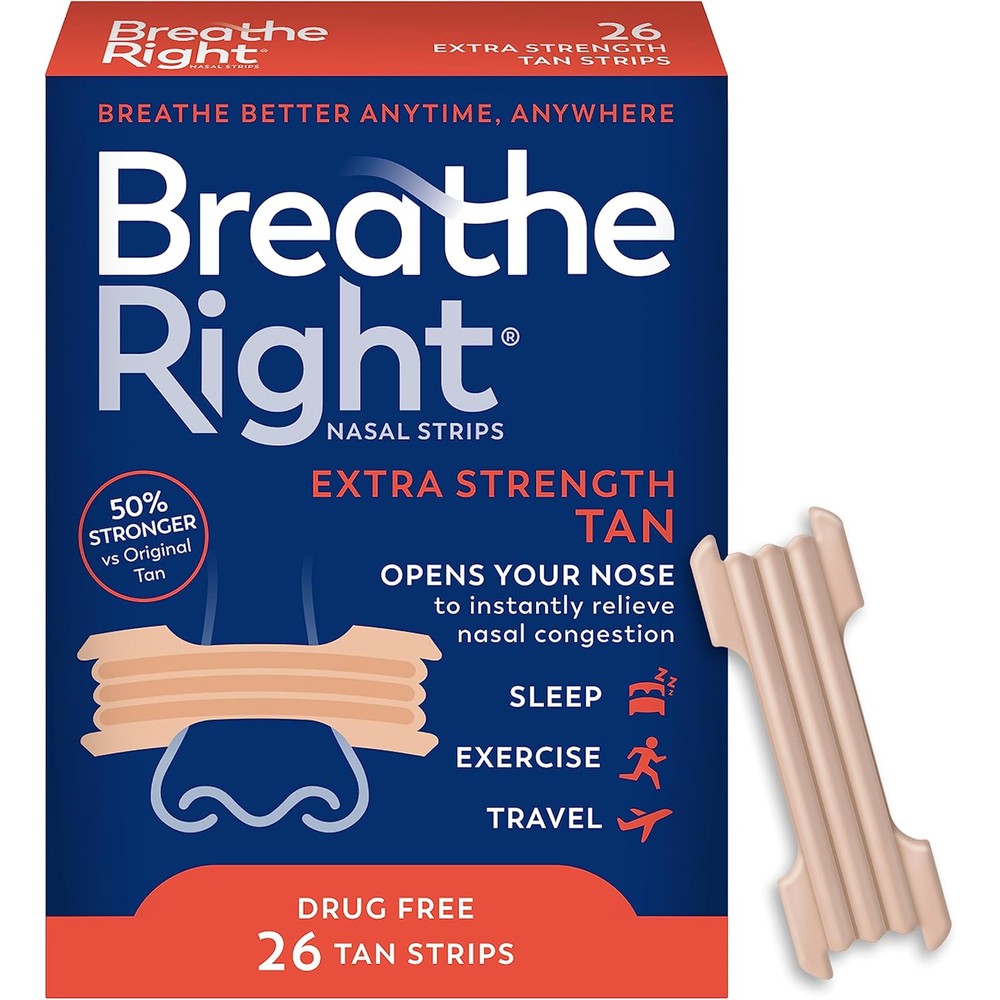 Breathe Right Nasal Strips Extra Strength Tan Drug Free Snoring Aid And Nasal Congestion Relief 26 Count Box