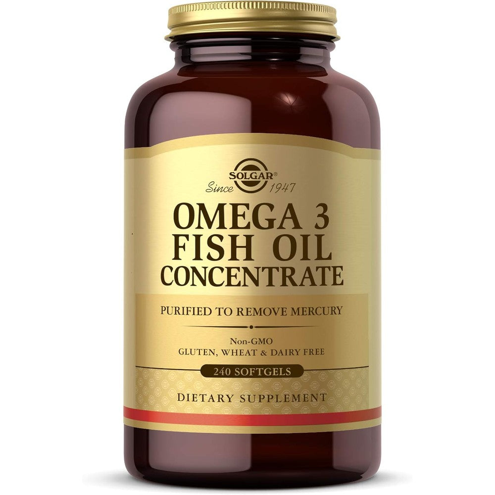 Solgar Omega 3 Fish Oil Concentrate 240 Softgels bottle front view showcasing authentic packaging.