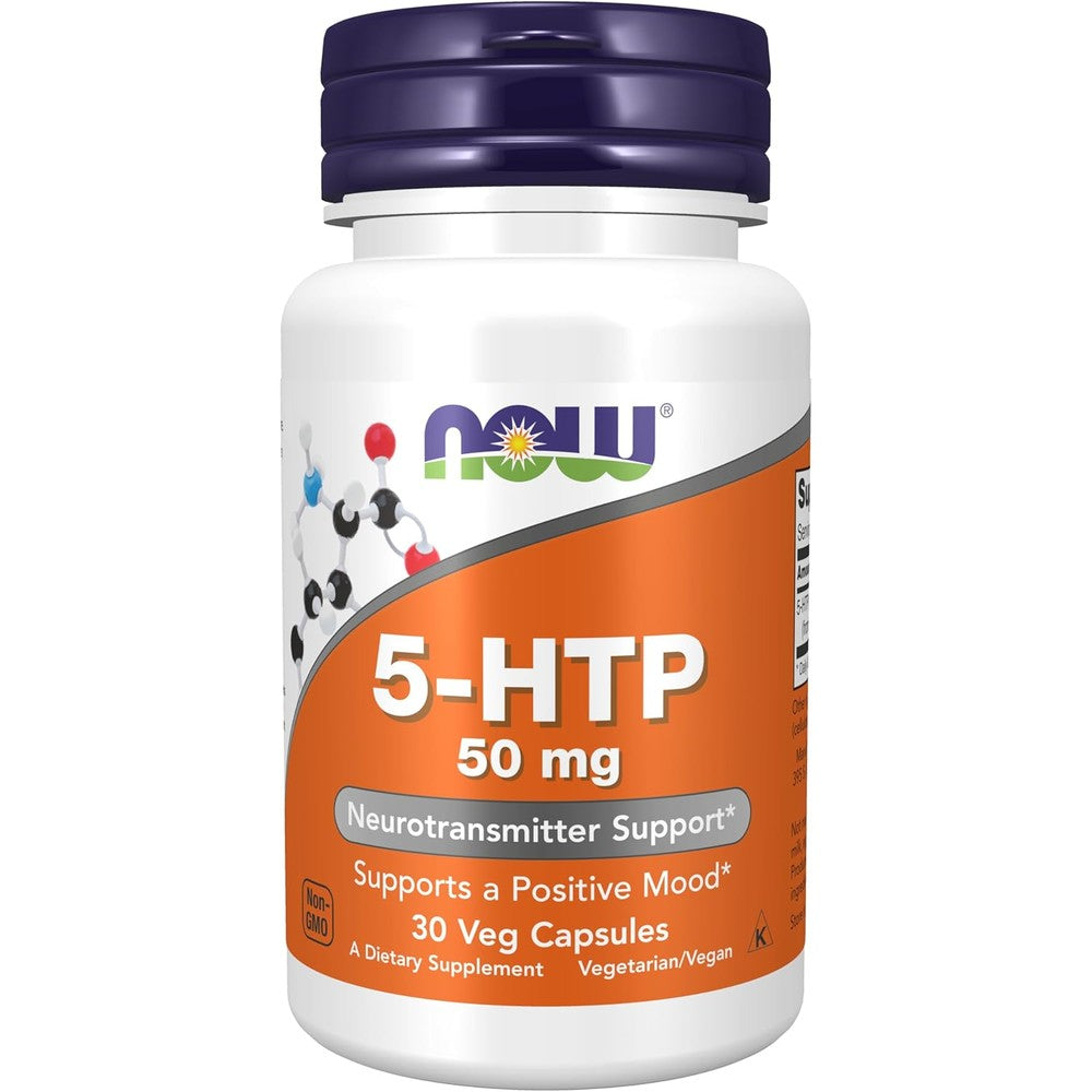 NOW Foods 5-HTP 50 mg 30 veg capsules front label view for neurotransmitter support