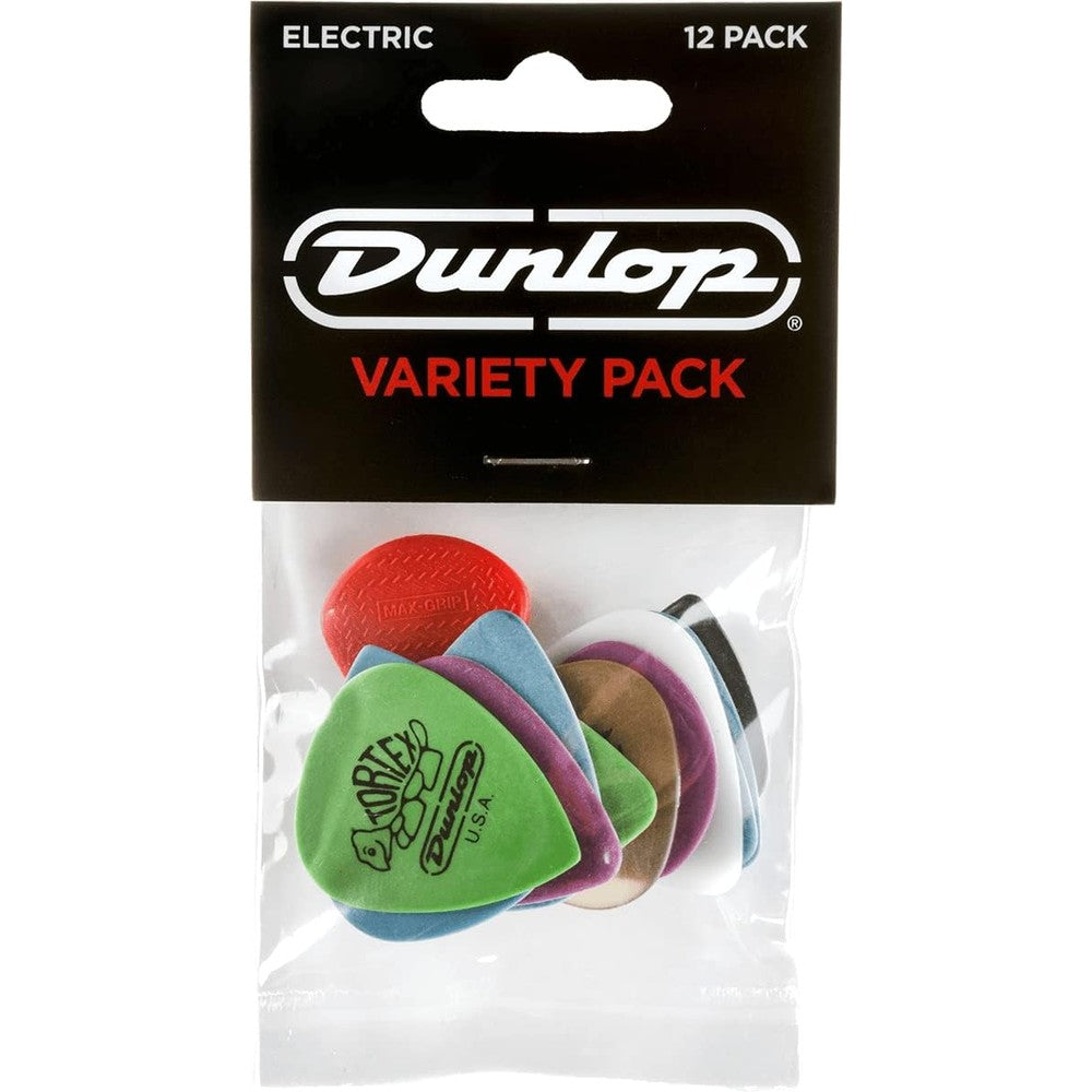 Jim Dunlop PVP113 Electric Guitar Pick Variety Pack front view showcasing twelve assorted colorful plectrums.