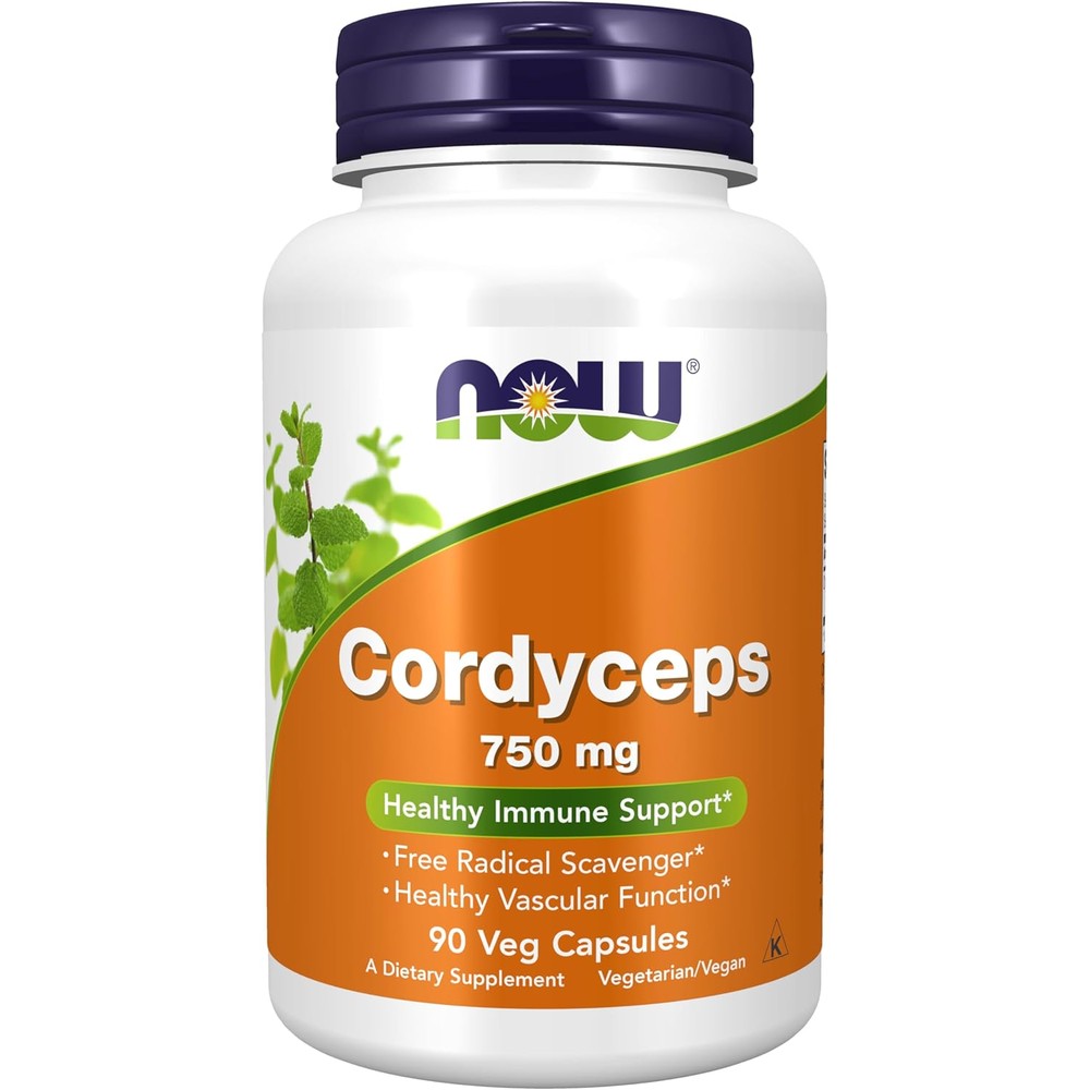 NOW Foods Cordyceps 750 mg 90 Veg Capsules front label view showing immune support benefits