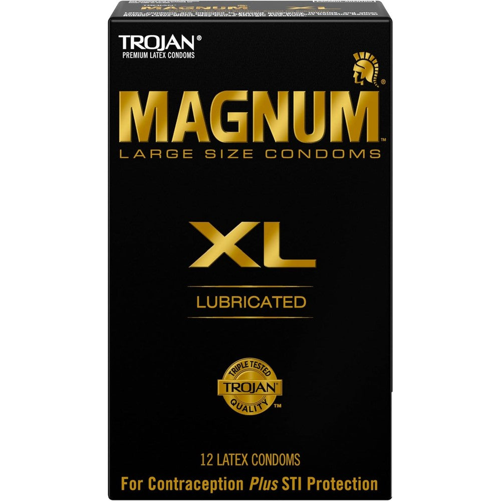 Trojan Magnum XL Lubricated Condoms 12 Count front box view showing gold and black premium packaging.