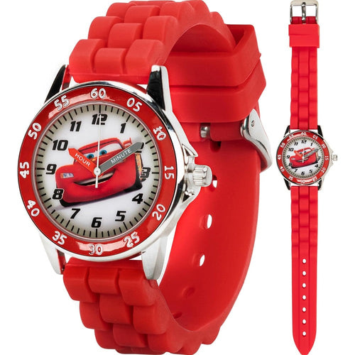 Accutime Disney Cars kids time teacher watch front view showing Lightning McQueen dial.