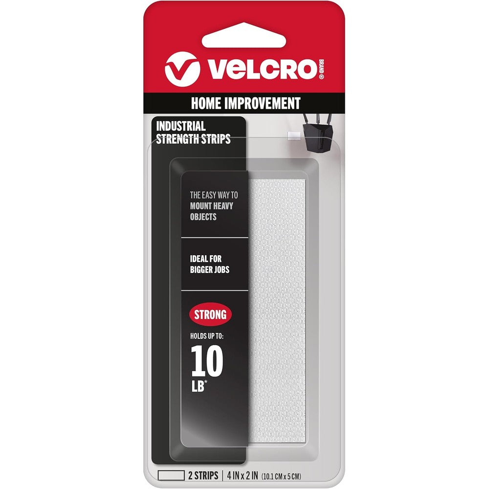 VELCRO Brand Industrial Strength heavy duty adhesive strips front view showing white hook and loop packaging.