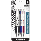Zebra Pen F-301 stainless steel ballpoint four pack front view showing assorted ink colors