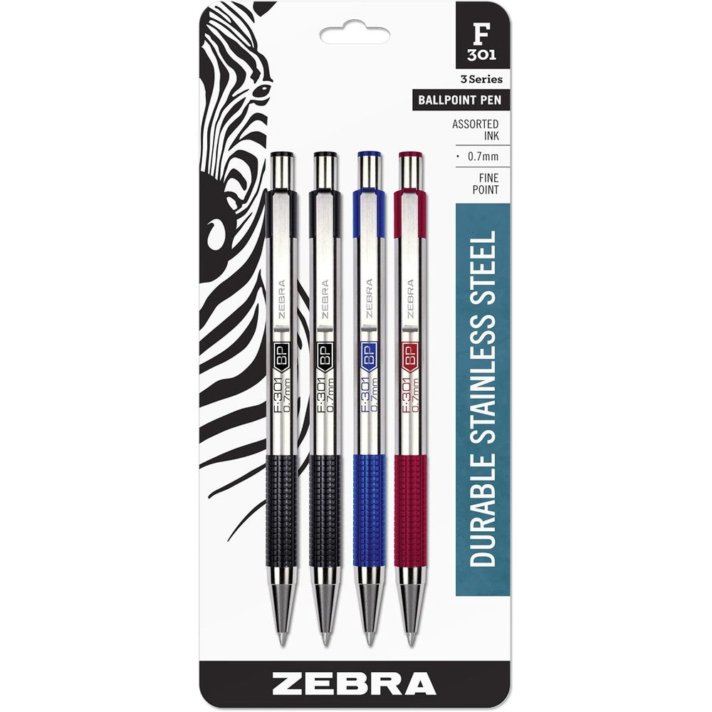 Zebra Pen F-301 stainless steel ballpoint four pack front view showing assorted ink colors