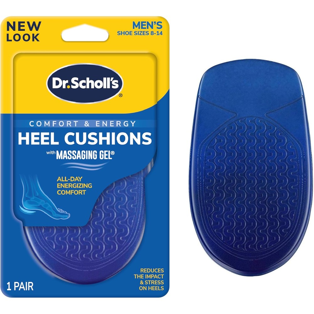 Dr. Scholl's Comfort Heel Cushions for men front view packaging showing blue gel inserts for orthotic foot comfort.