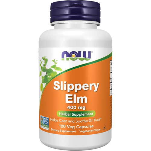 Now Foods Slippery Elm 400 Milligrams 100 Vegetarian Capsules front bottle view for gastrointestinal support.