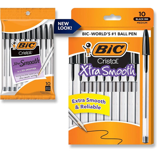 BIC Cristal Xtra Smooth Ballpoint Pen front view pack of ten everyday black ink stationery pens