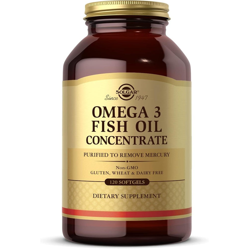 Solgar Omega 3 Fish Oil Concentrate 120 softgels front view bottle for cardiovascular health.