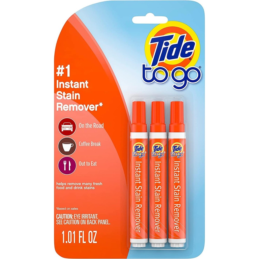 Tide To Go Mini Instant Stain Remover Pen front view three count pack for clothing stains