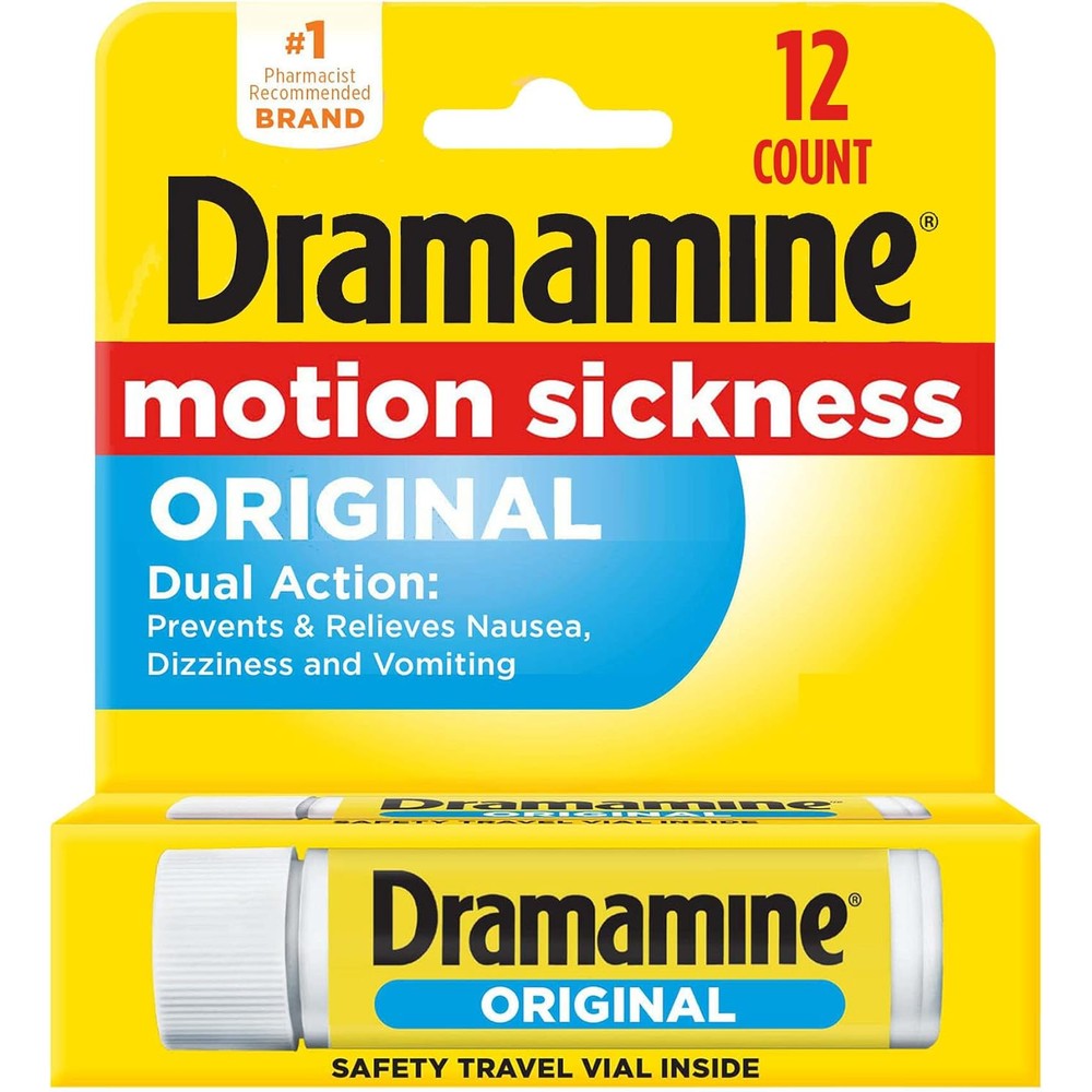 Dramamine original formula motion sickness relief travel vial front view for travel nausea control