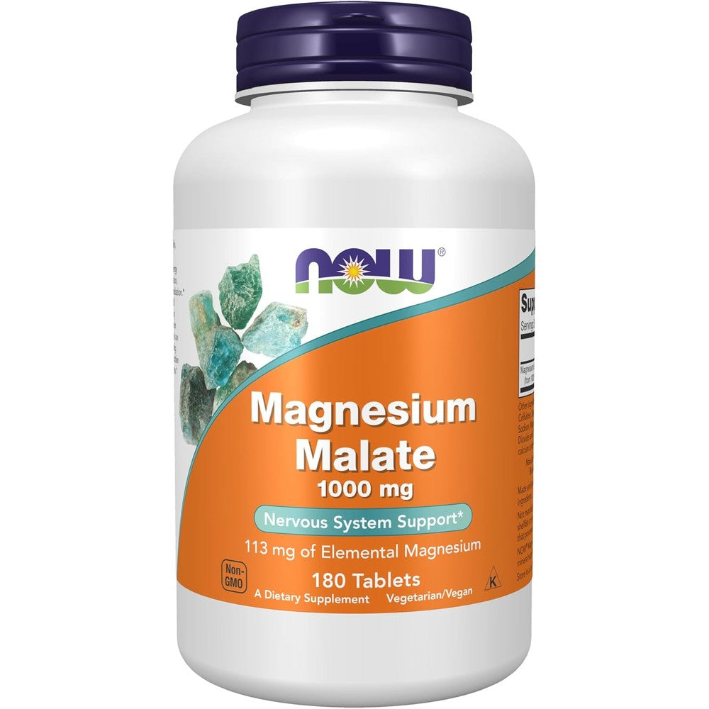 NOW Foods Magnesium Malate 1000 mg 180 Tablets front view bottle for cellular energy production.