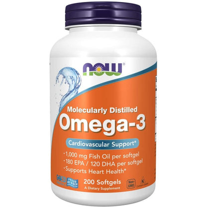 NOW Foods Omega-3 Fish Oil 200 Softgels bottle front view displaying cardiovascular support benefits.