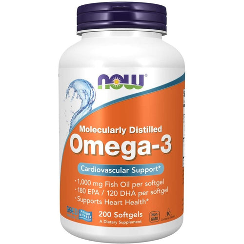 NOW Foods Omega-3 Fish Oil 200 Softgels bottle front view displaying cardiovascular support benefits.