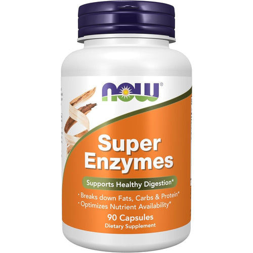 NOW Foods Super Enzymes 90 capsules front view bottle showing digestive support label