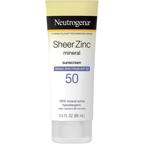 Neutrogena Sheer Zinc Dry Touch Mineral Sunscreen Lotion Broad Spectrum SPF 50 bottle front view for sensitive skin protection
