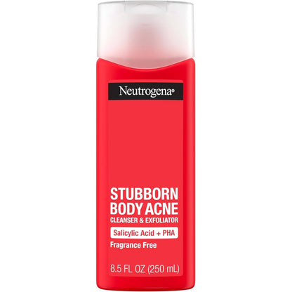 Neutrogena Stubborn Body Acne Cleanser and Exfoliator front view showing 8.5 fluid ounces bottle for body acne treatment.