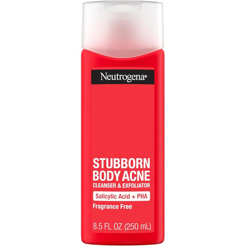 Neutrogena Stubborn Body Acne Cleanser and Exfoliator front view showing 8.5 fluid ounces bottle for body acne treatment.