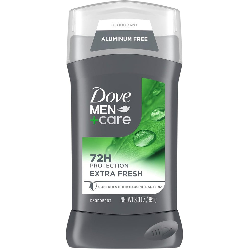 Dove Men Care Extra Fresh Deodorant Stick front view showing seventy two hour protection label