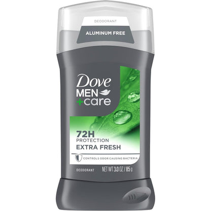 Dove Men Care Extra Fresh Deodorant Stick front view showing seventy two hour protection label