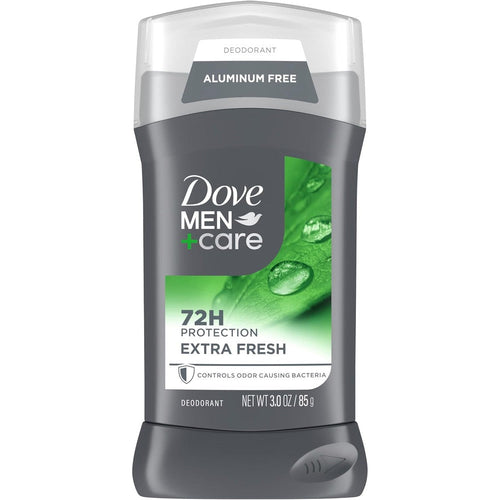 Dove Men Care Extra Fresh Deodorant Stick front view showing seventy two hour protection label