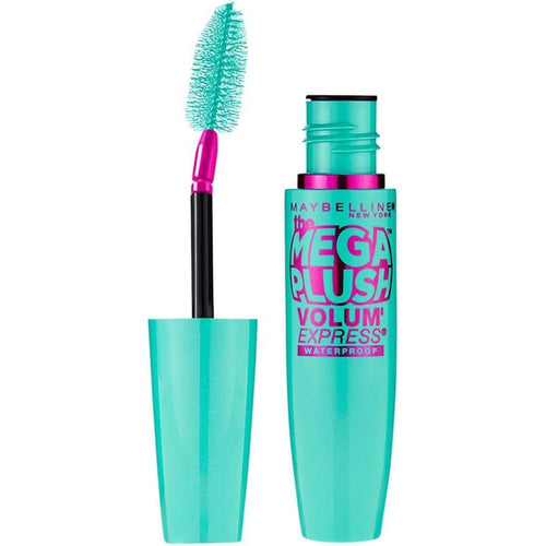 Maybelline New York Volum Express Mega Plush Waterproof Mascara front view showcasing vibrant blue-green packaging