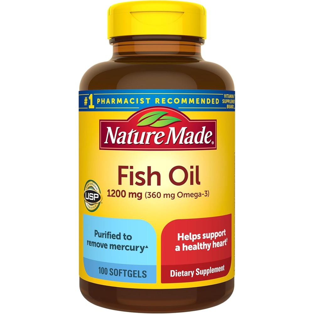 Nature Made Fish Oil 1200mg 100 Softgels front view showing supplement facts for heart support