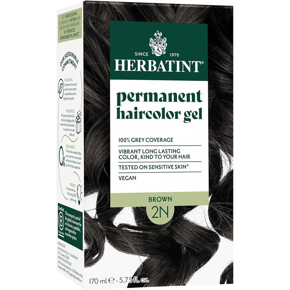 Herbatint Permanent Hair Color Gel 2N Brown box front view showing natural ingredients