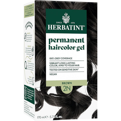 Herbatint Permanent Hair Color Gel 2N Brown box front view showing natural ingredients