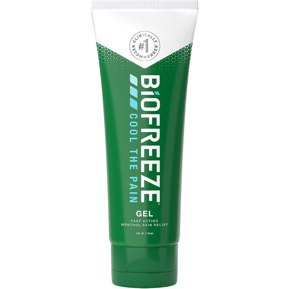 Biofreeze pain relieving gel four ounce tube front view showcasing packaging