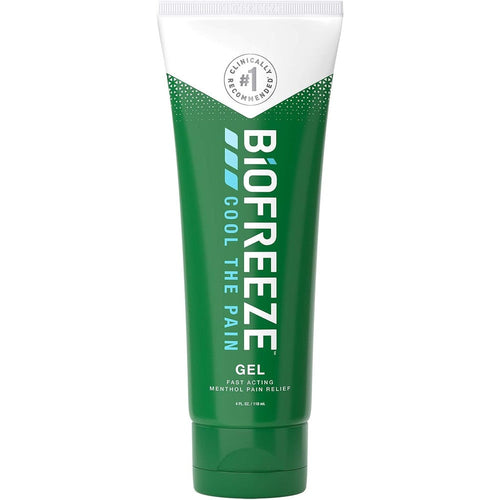 Biofreeze pain relieving gel four ounce tube front view showcasing packaging