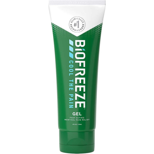 Biofreeze pain relieving gel four ounce tube front view showcasing packaging