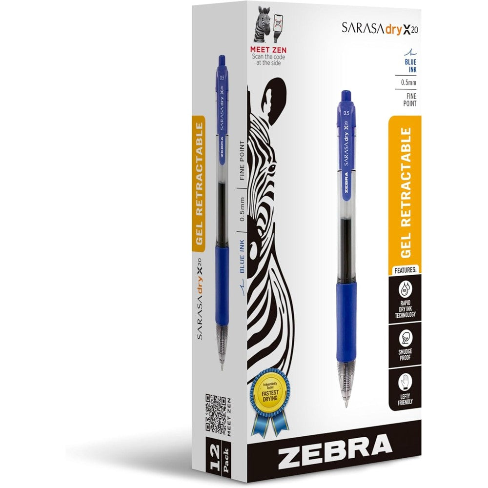 Zebra Pen Sarasa Dry X20 Gel Retractable Pen Medium Point Zero Point Seven Millimeter Blue Ink Twelve Pack