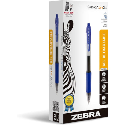 Zebra Pen Sarasa Dry X20 Gel Retractable Pen Medium Point Zero Point Seven Millimeter Blue Ink Twelve Pack