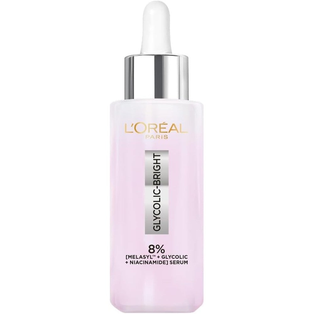 L'Oreal Paris Glycolic Bright Face Serum front view bottle for dark spot reduction