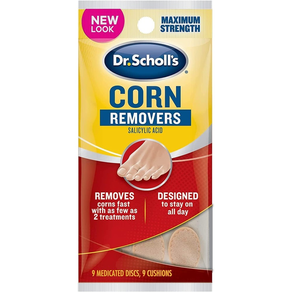Dr. Scholl's Maximum Strength Corn Removers nine count front packaging displaying the medicated discs and cushions for effective foot care.