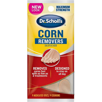 Dr. Scholl's Maximum Strength Corn Removers nine count front packaging displaying the medicated discs and cushions for effective foot care.