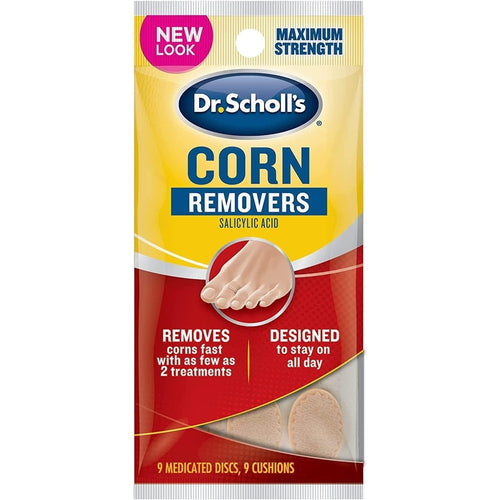 Dr. Scholl's Maximum Strength Corn Removers nine count front packaging displaying the medicated discs and cushions for effective foot care.