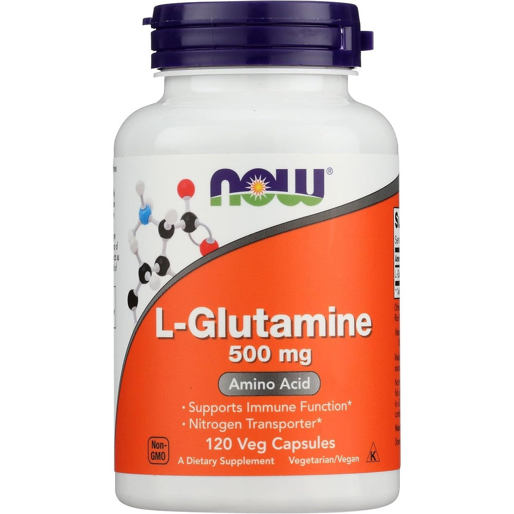 NOW Foods L-Glutamine 500mg 120 capsules bottle front view showing authentic imported sports nutrition supplement labels.