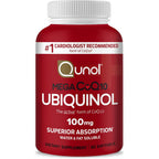 Qunol Mega Ubiquinol CoQ10 100mg front view bottle for premium cardiovascular health support.
