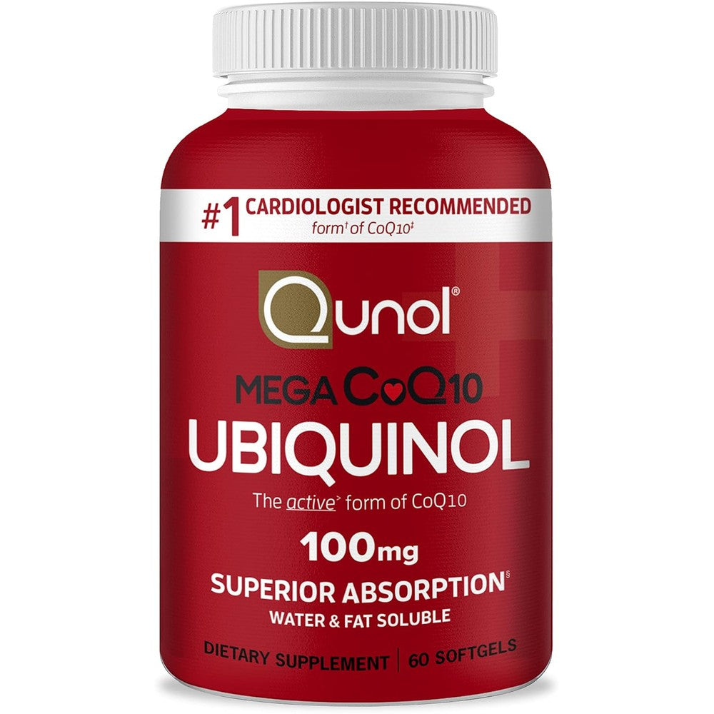 Qunol Mega Ubiquinol CoQ10 100mg front view bottle for premium cardiovascular health support.